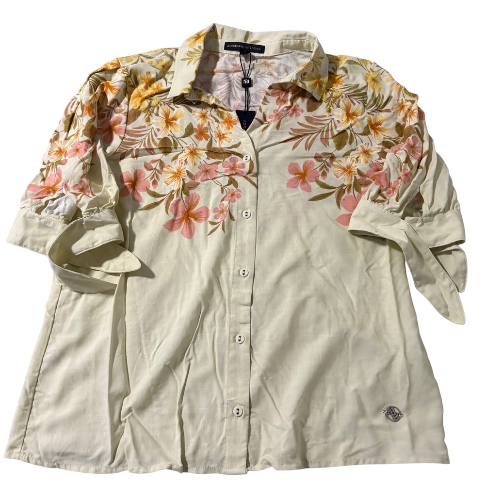 Adrienne Vittadini Floral Rayon Button Down Shirt Cream Pink Small Tropical